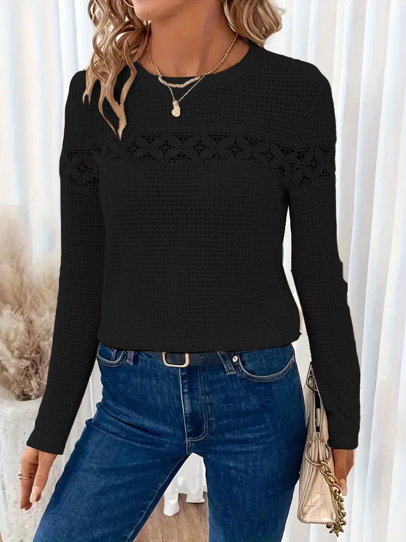 女性用長袖ラウンドネックTシャツ,絶妙なレースのパッチワーク,女性用Tシャツ,ピュアカラー,スタイリッシュ
