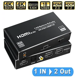 4K 60Hz HDMI Splitter with Audio Extractor HDR HDMI 2.0 1X2 splitter with Toslink/coaxial audio for PS5 Xbox Series X  HDTV