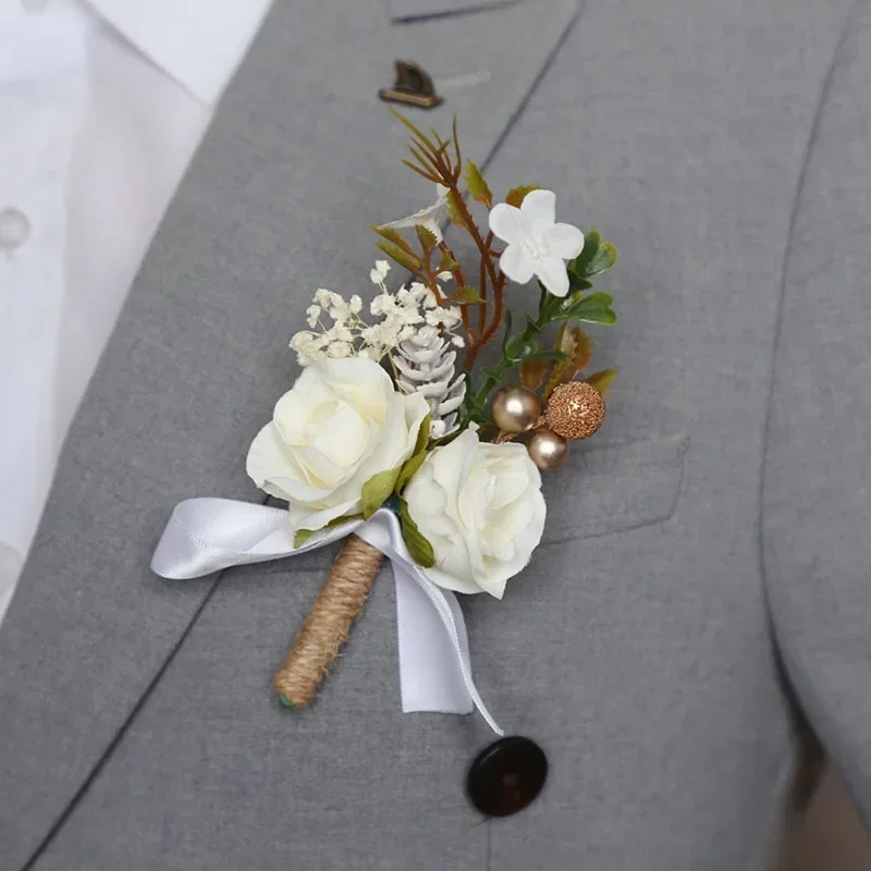 Boutonniere ดอกไม้ TULIP Corsage ผู้ชายงานแต่งงานเข็มกลัดเจ้าบ่าวสีขาวประดิษฐ์ดอกไม้ผ้าไหม Corsage อุปกรณ์จัดงานแต่งงาน