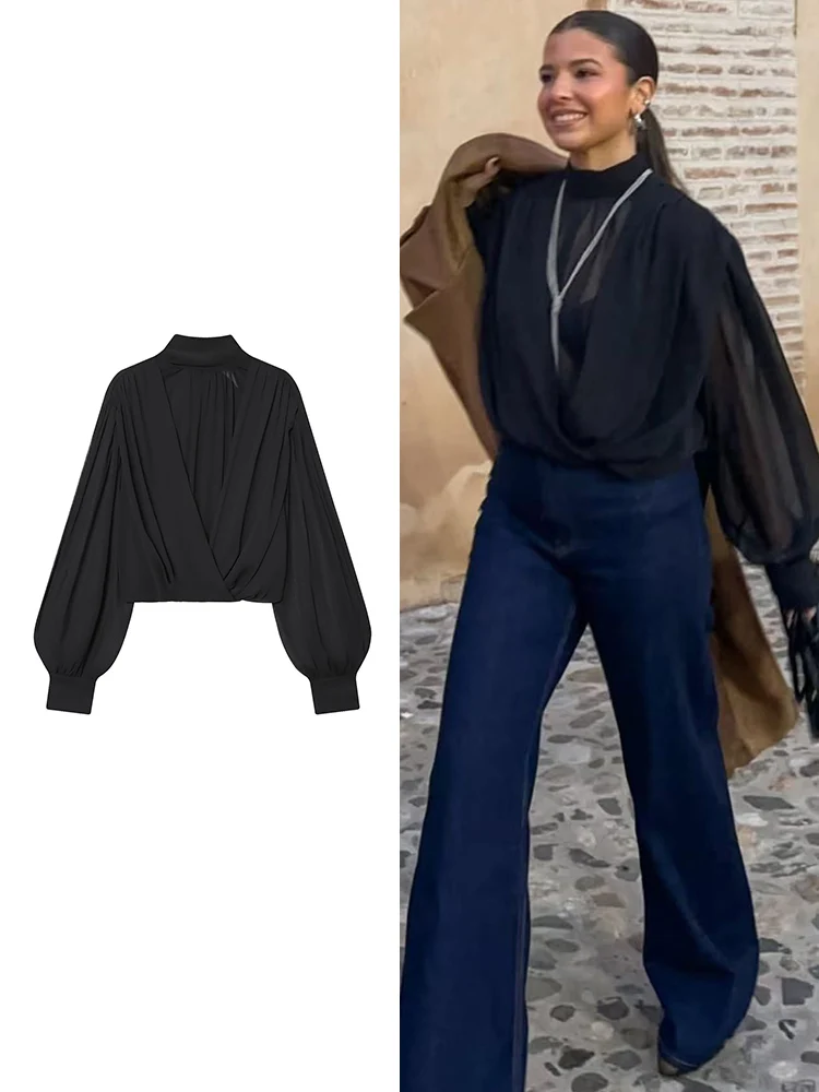 ربيع جديد المرأة قميص شيك الدانتيل يصل الرسن طوق موضة أنيقة طويلة الأكمام بلايز الصلبة الإناث مثير شير شارع العليا بلوزة #1