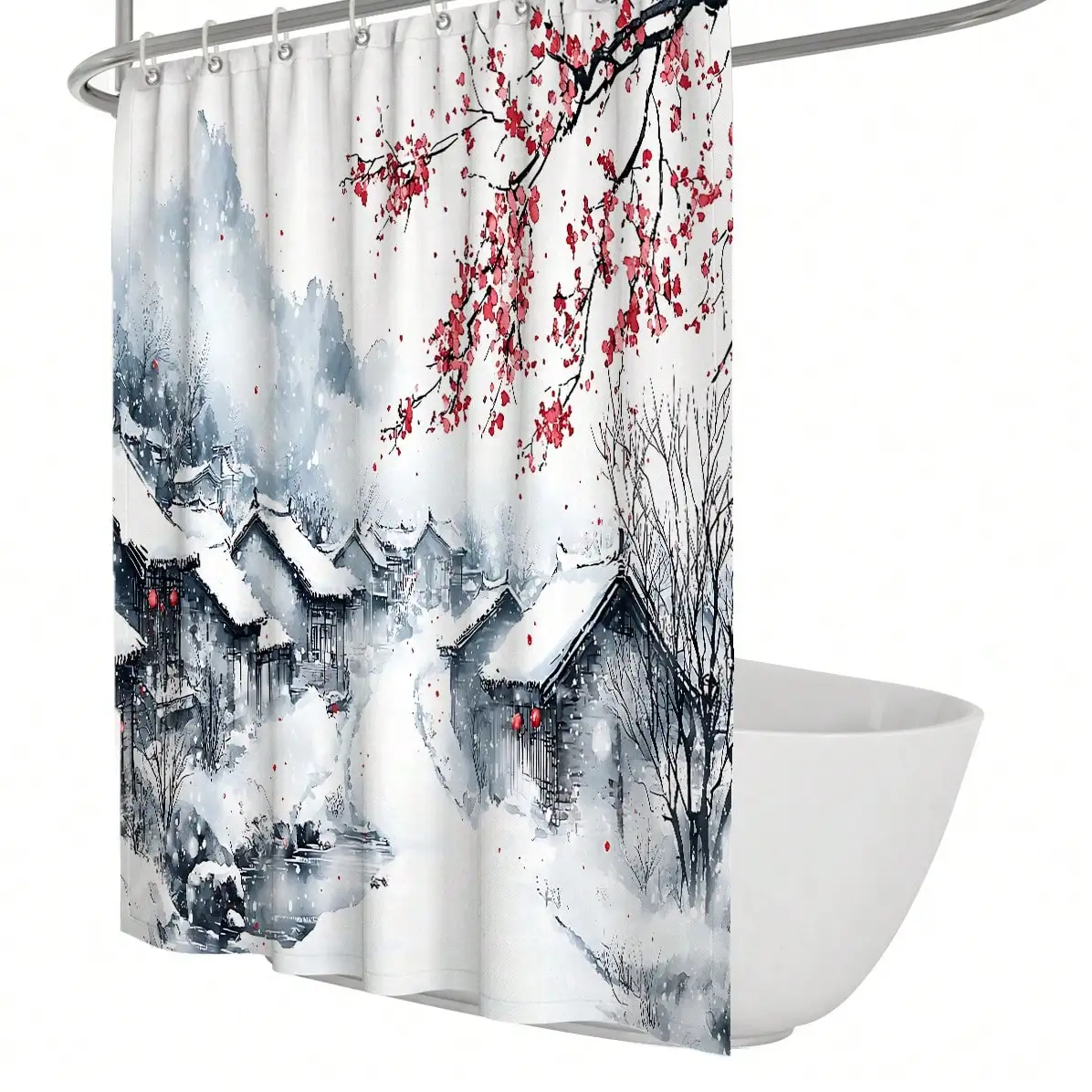 

1pc 71 X 71 Inch Shower Curtain Asian Landscape Decor Oriental Village Art With Red Blossoms Waterproof Bathing Curtain Set With 12 Hooks For Bathroom Partition Or Bath Curtain Decor Elements
