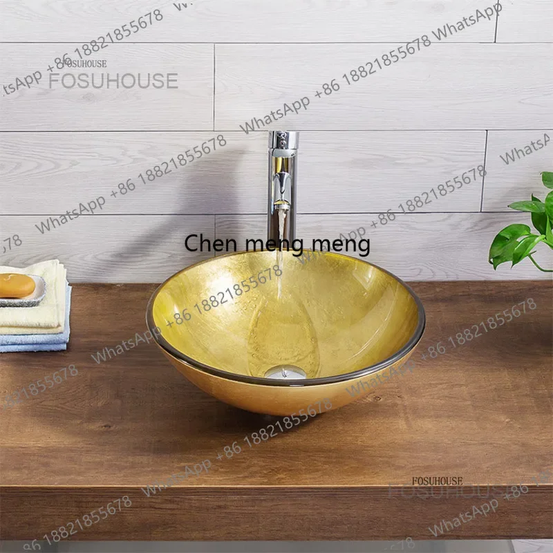 A17 Simple Design Bathroom Washbasins Modern Tempered Glass Bathroom Sinks Stage Basin Golden Art Wash Basin Kitchen Washing Sin