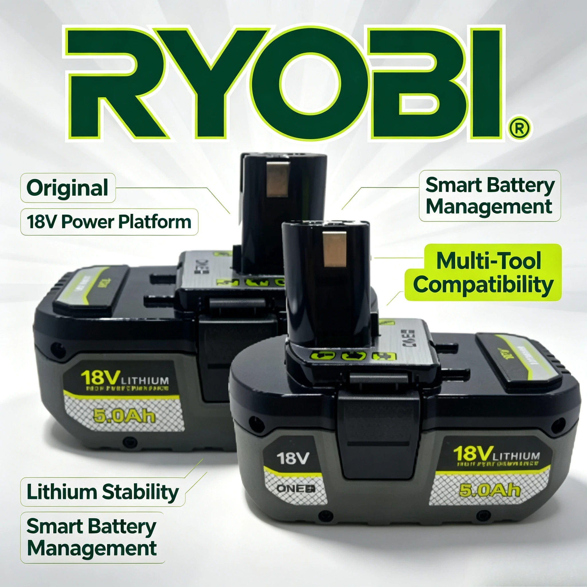 RYOBI 18V 6.0Ah Li‑ion Battery Fit P273 Impact Wrench P441 Multi‑Tool Durable Replacement Cordless Power Tool Battery Pack