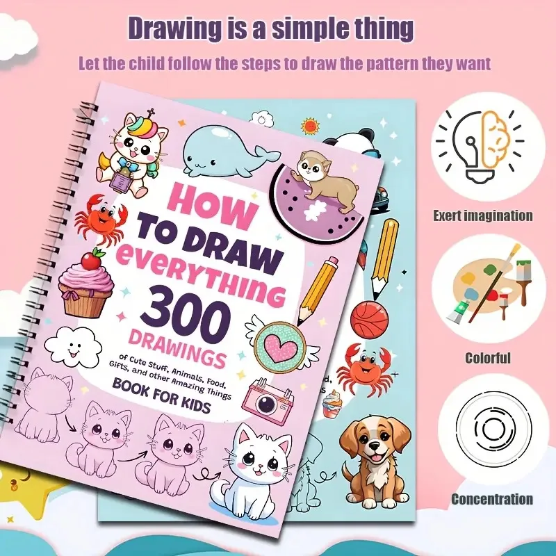 300 Cute Step-by-Step Simple Drawings How to Draw Anything for Painting Enthusiast Adorable Animals Food Gifts-Drawing Guide Boo