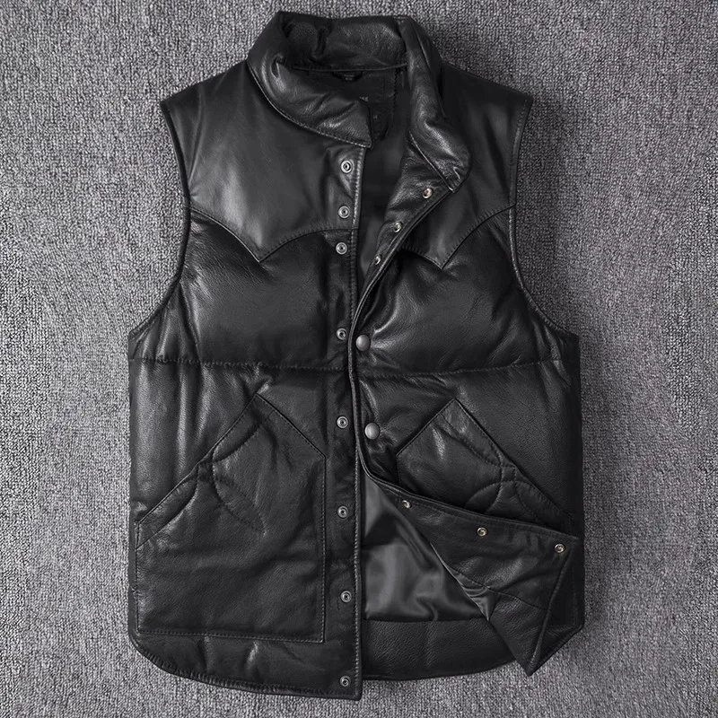 

Men's Leather Jacket, Sheepskin Down Vest, Short Flight Suit, Slim Fit, Thick Warm Vest, Autumn and Winter