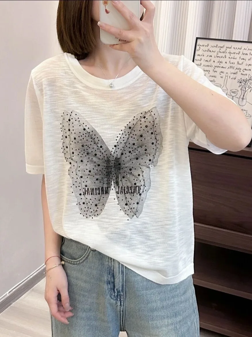 تي شيرت نسائي صيفي جديد Sle مطبوع عليه حجر الراين مستدير Ne ort Sve محبوك فضفاض مناسب للبطن غطاء أنيق...