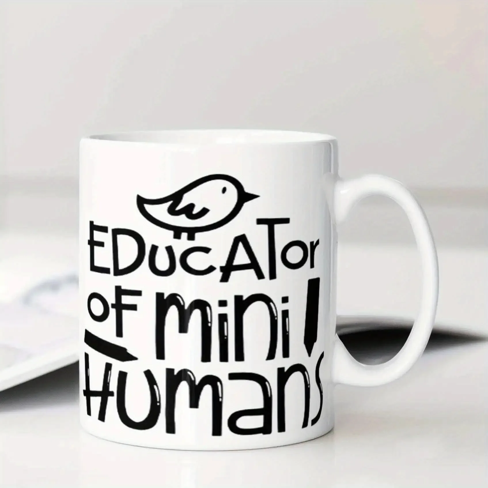 

1pc Funny Teacher Mug - "Educator of Mini Humans" Coffee Cup with Bird Illustration, Ceramic Cup for Classroom & Home Use