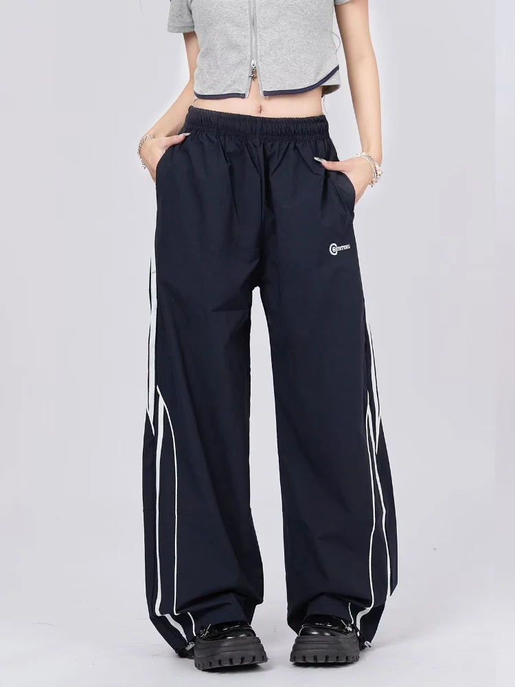 

QWEEK Women Y2k Stripe Sweatpants Baggy Vintage Parachute Wide Leg Pants Streetwear Casual Oversize Hip Hop Jogger Trousers