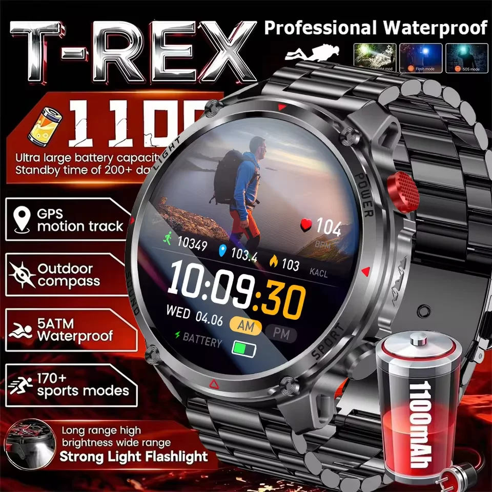 

2026 Edition Military Outdoor Sports Smartwatch 1.7-inch AMOLED screen 1100 mAh battery LED flashlight Bluetooth call Waterproof