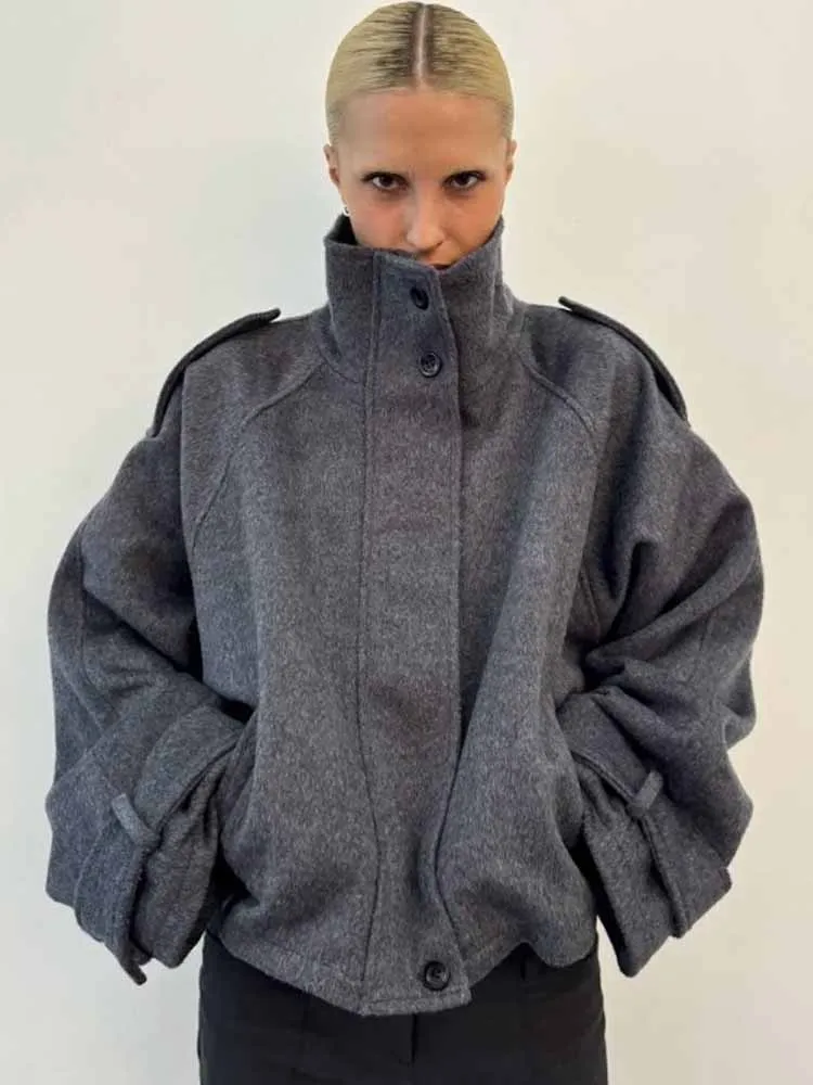 BKQU Casual Giacca di lana solida Donna Colletto allentato con cerniera Manica intera Cappotti corti Donna 2025 Autunno Retro Street Outwears