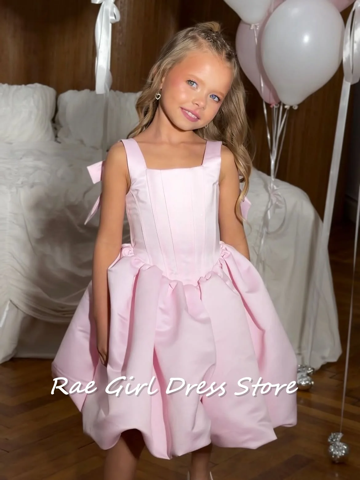 Pink Satin Kids Ballgown Square Neck Wide Strap Corset Bodice Side Big Bows Bubble Short Hem Birthday Party Robe Customized