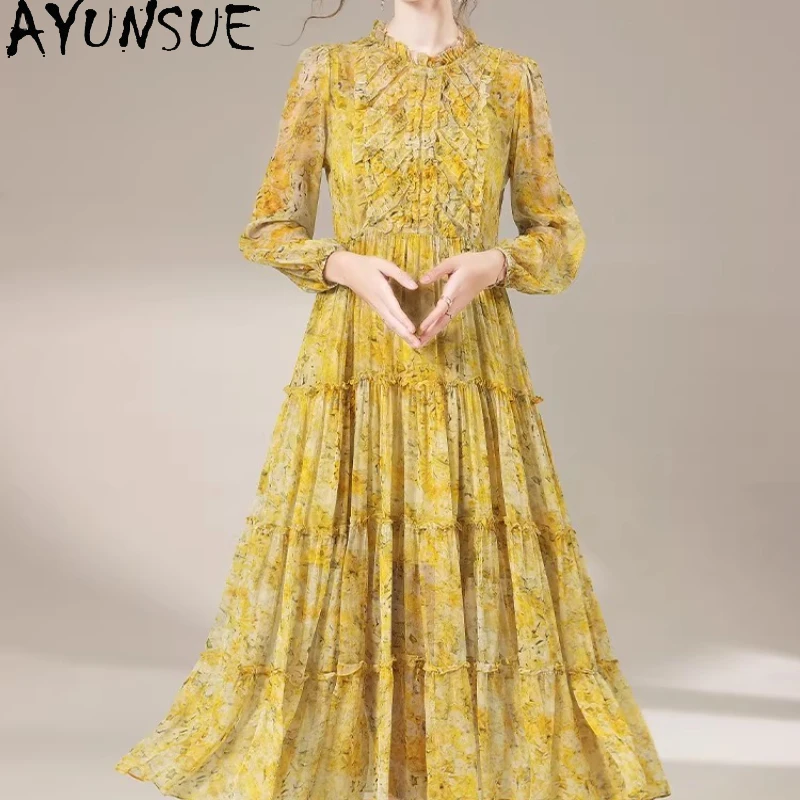 AYUNSUE High-end 100% Real Mulberry Silk Elegant Dresses for Women Summer Clothes Long Dress Woman Beach Dress Платье Женское