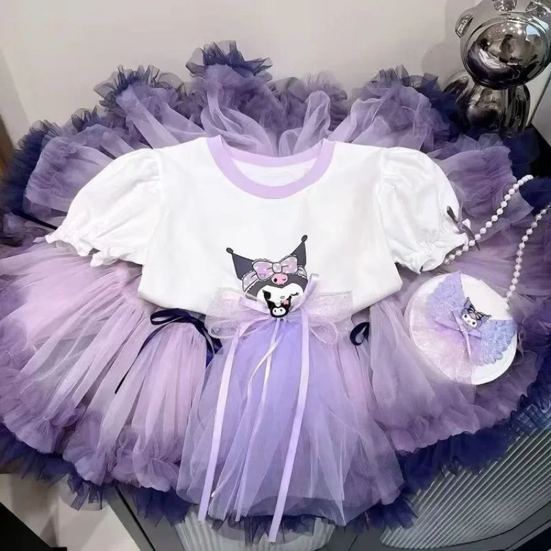 

Girly Heart Kuromi Anime Kawaii Sanrio Summer Baby Short Sleeved Shirt Princess Cute Hoodie Dress Two Piece Clothing Gifts
