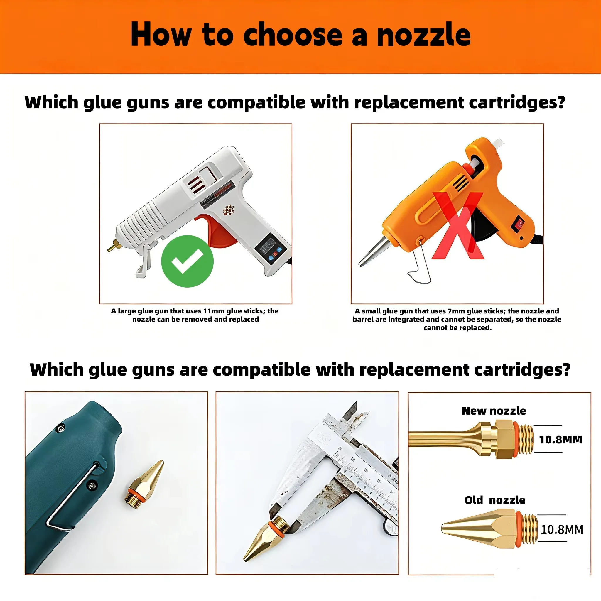Full-size hot-melt glue gun nozzle, made of pure copper; silicone gun for 11mm glue sticks, with built-in leak-proof steel balls