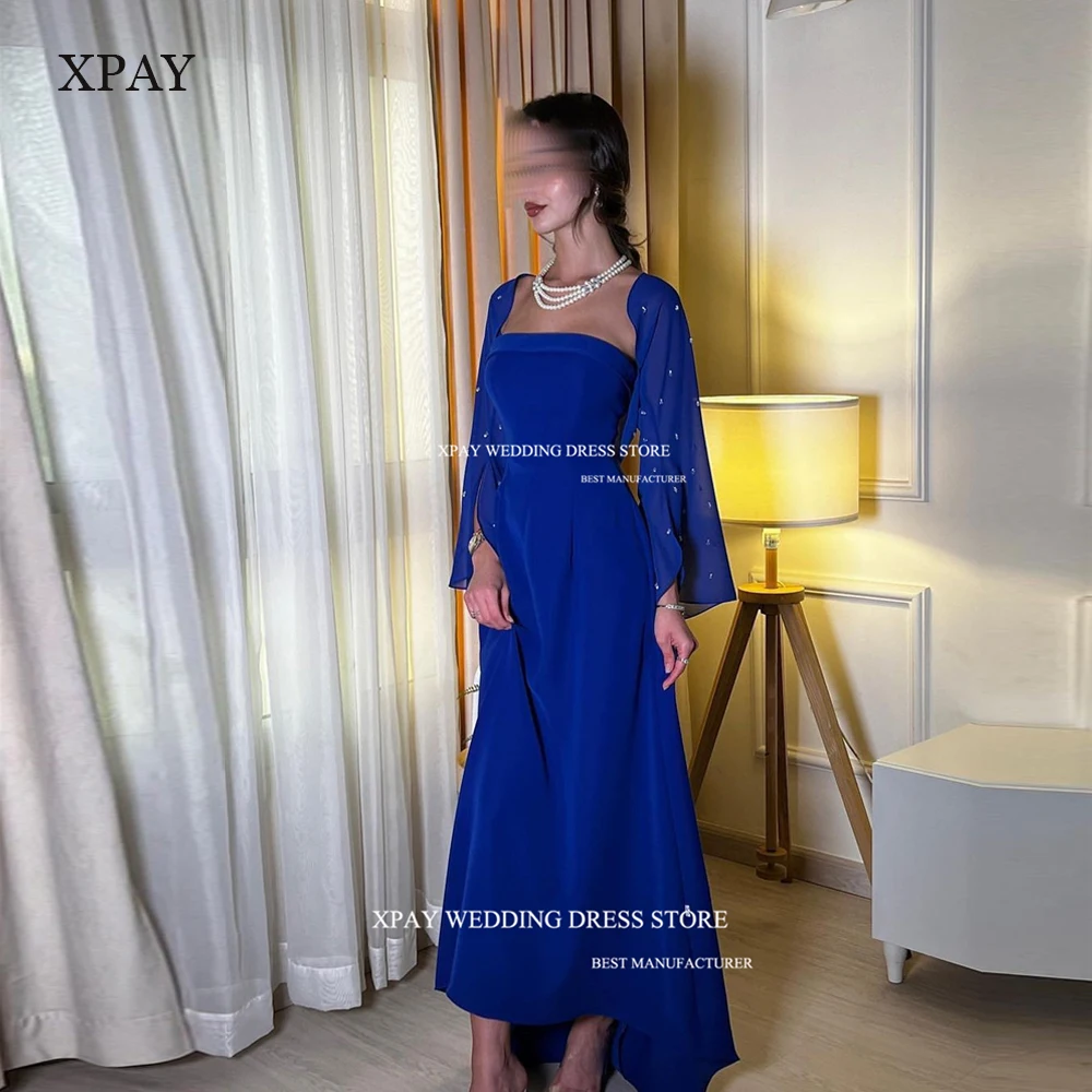 

XPAY New Elegant Satin A-Line Prom Dresses Strapless With Chiffon Jacket Dubai Arabia Women Evening Gowns Cocktail Party Dress