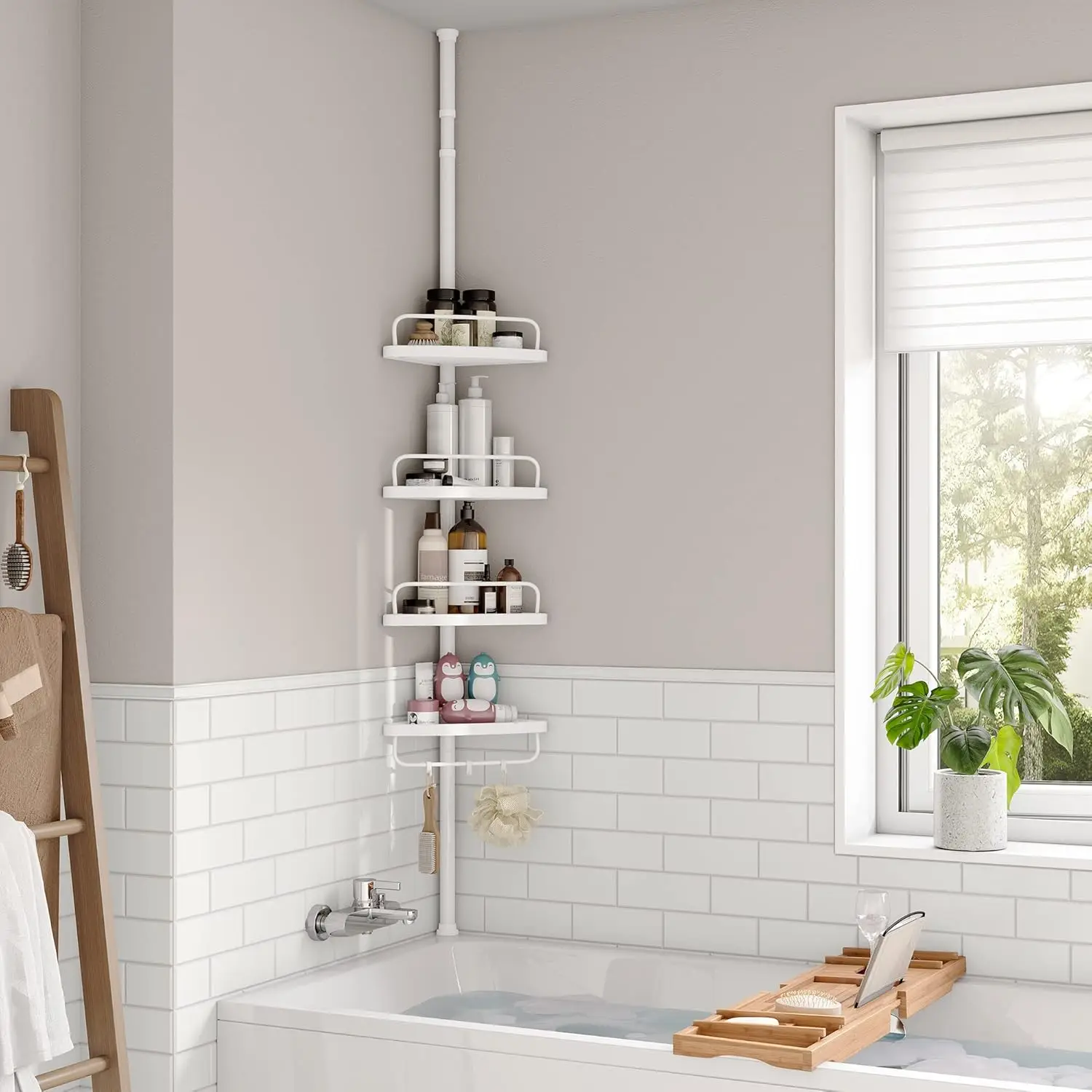 SONGMICS Bathroom with 4 Shelves Bath Shelves with Total Height 85-305 cm Height Adjustable bathroom Shelf Shower Shelf