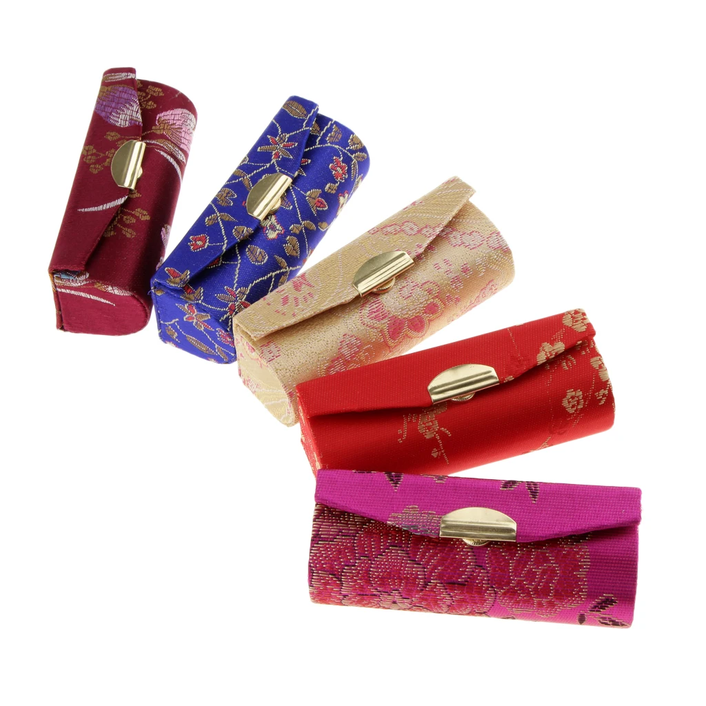 Box Holder Retro With Mirror Lipstick Case Flower Design Embroidered Brocade