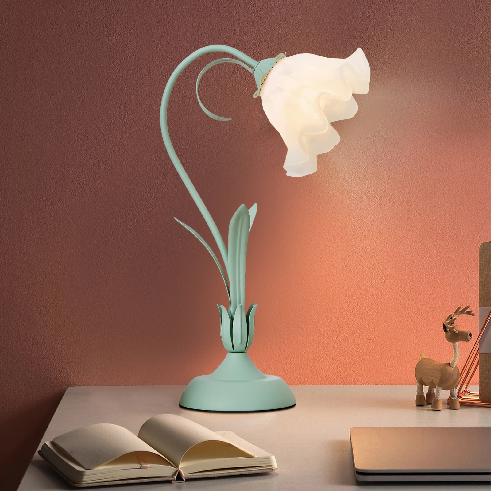 

Table Lamp with Floral Shade, E26 Bulb (Not Included), Iron & Glass Construction, Green Design for Bedroom or Relaxing Reading