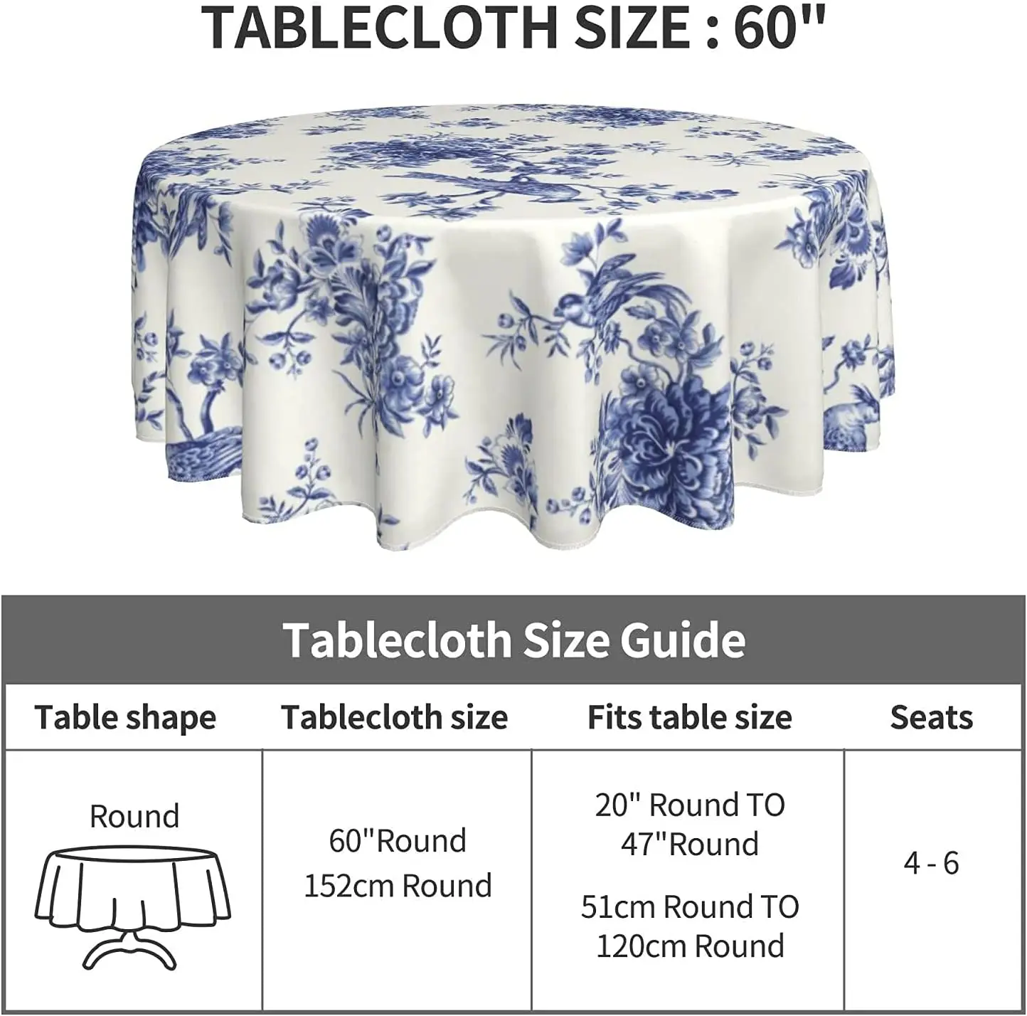 Floral Blue and White Spring Tablecloth Summer Birds 60\'\' Round Tablecloth with Wrinkle Resistant for Party Tabletop Dining Room