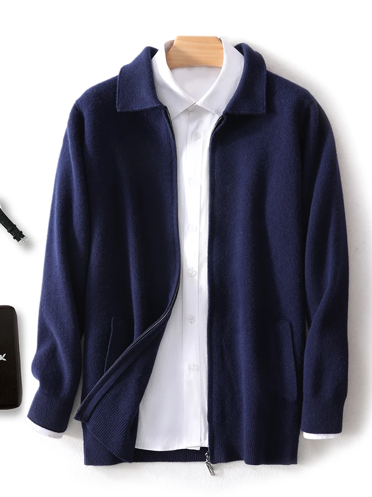 Chic Thick Cardigan Coat Men's 100% Merino Wool Knitwear Smart Casual Autumn Winter Polo Collar Zipper Sweater Soft Wool Tops