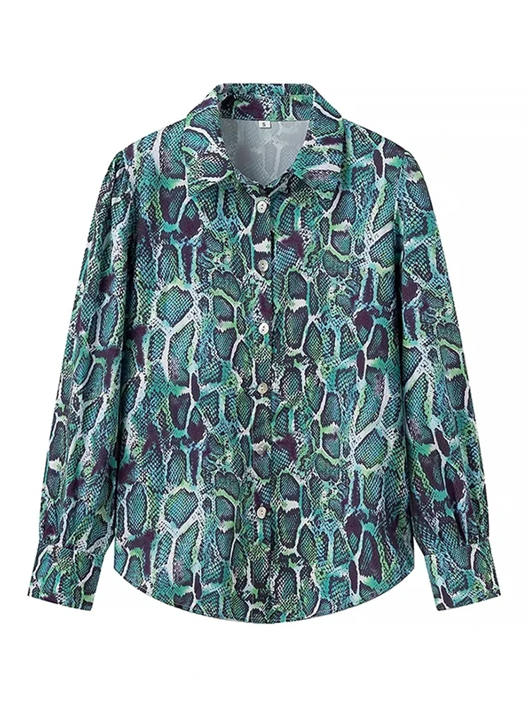 Women's Vintage Snake Skin Print Green Loose Shirt,  Turn-Down Collar, Single Breasted Fashion, Animal Print Long Tops, Summer