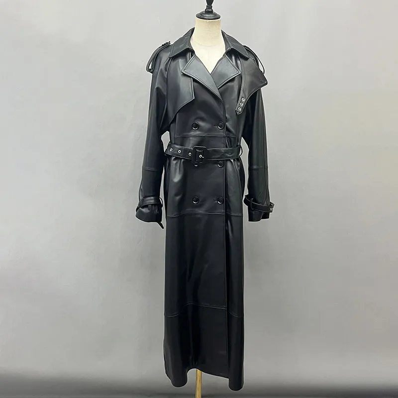 Women Leather Trench Coat 2024 Autumn Fashionable Full Sleeve Women Windbreaker Belt All Match Loose Long Female Overcoat