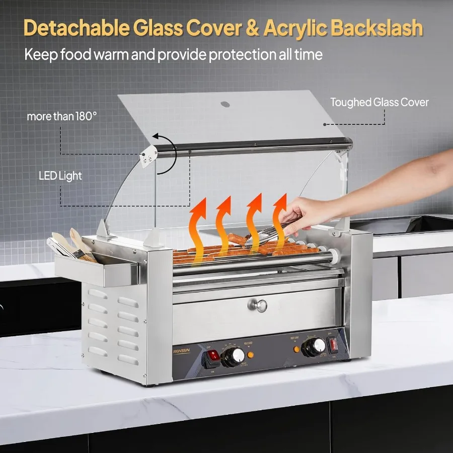 هوت دوج الأسطوانة دفئا ETL معتمد 5 بكرات 12 آلة هوت دوج الأسطوانة شواء طباخ مع كعكة دفئا غطاء مزدوج التحكم في درجة الحرارة LE #6