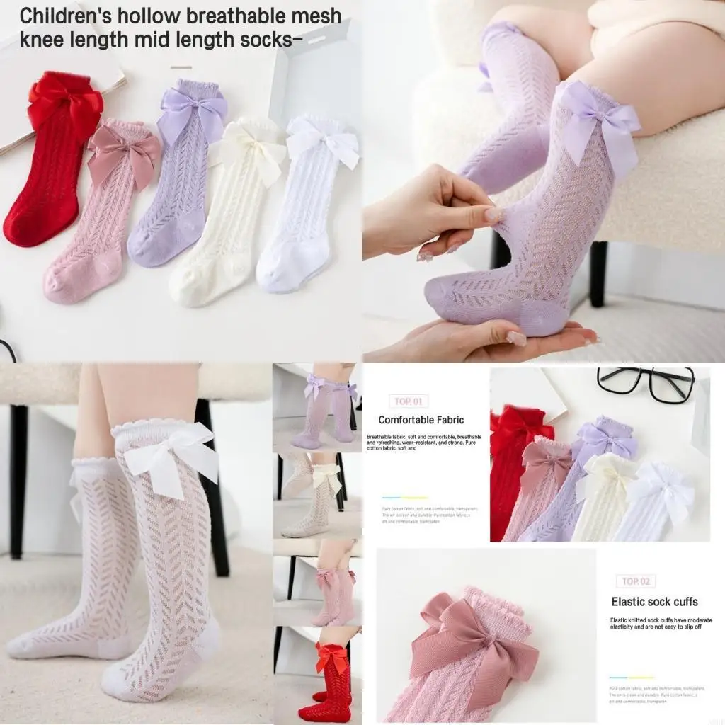 K8GF جوارب شبكية أنيقة ومريحة للأطفال، جوارب عالية على شكل ربلة الساق، جوارب مجوفة بعقدة على شكل فيونكة #1