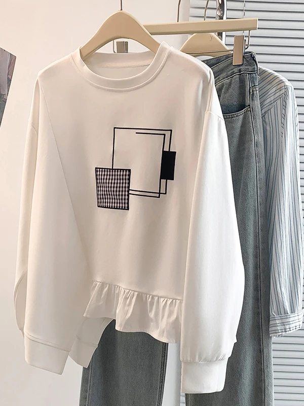 

Ele Long Sve свитшот женский топ с вышивкой живота, скрывающий волан, повседневный свободный крой, зимняя мода