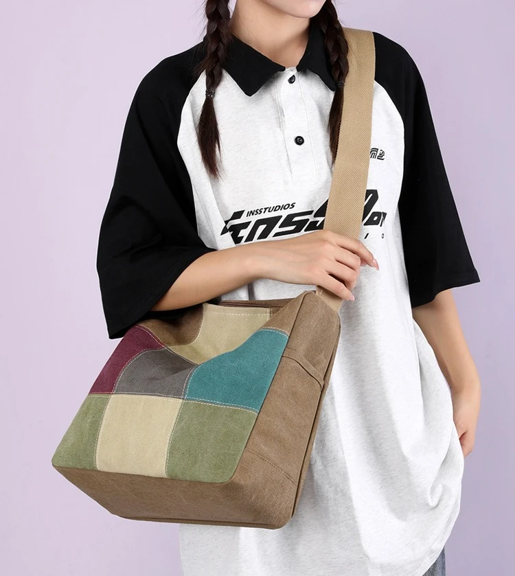 حقيبة كتف قماشية منقوشة بخياطة ملونة للنساء، النسخة الكورية ذات سعة كبيرة وخفيفة الوزن ومتعددة الوظائف #1