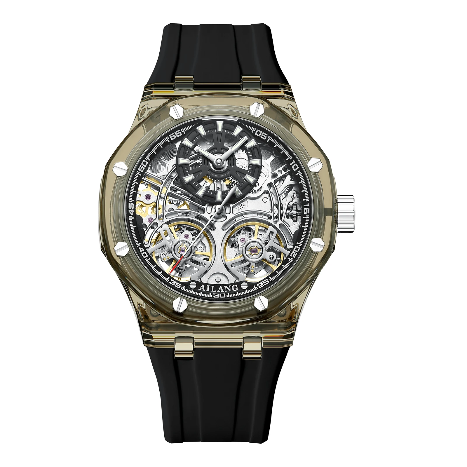 2026 June July New Mode Ailang Watch Double Tourbillon Mechanical Watch Sport Silicone Strap Waterproof Skeleton Automatic Watch