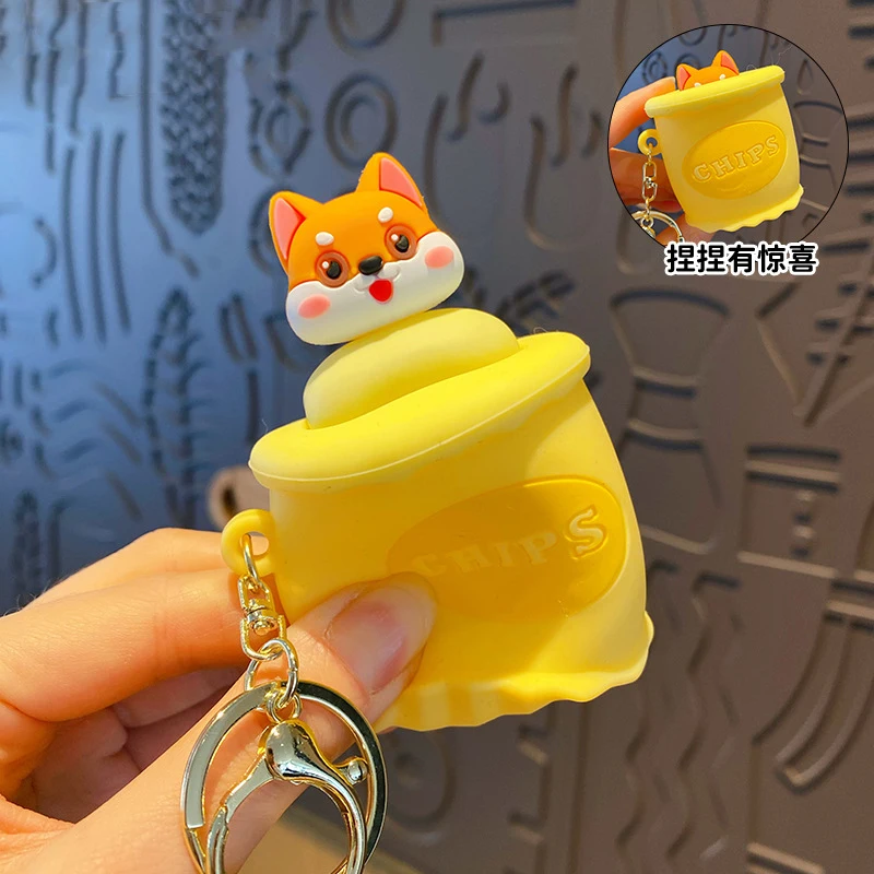 Creative Pinch Potato Chip Bag Pop Shiba Inu Head Doll Key Chain Female Cute Let Off Emotion Winking Eye Bear Animal Bag Keyring