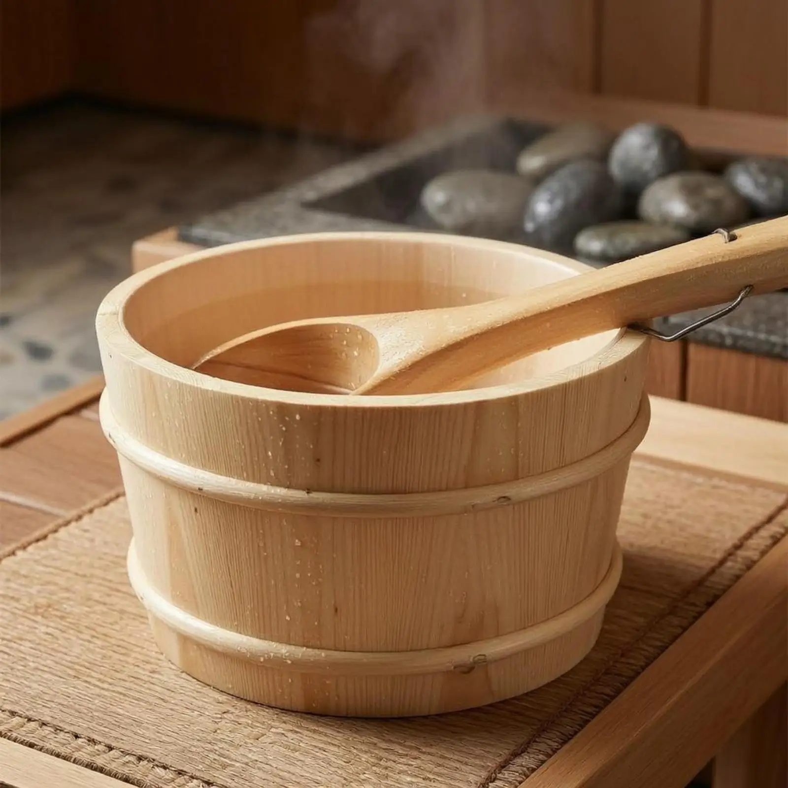Sauna Water Bucket Reinforced Banding Wooden Bucket and Ladle Set Wide Open Top Fir Wood Sauna Set
