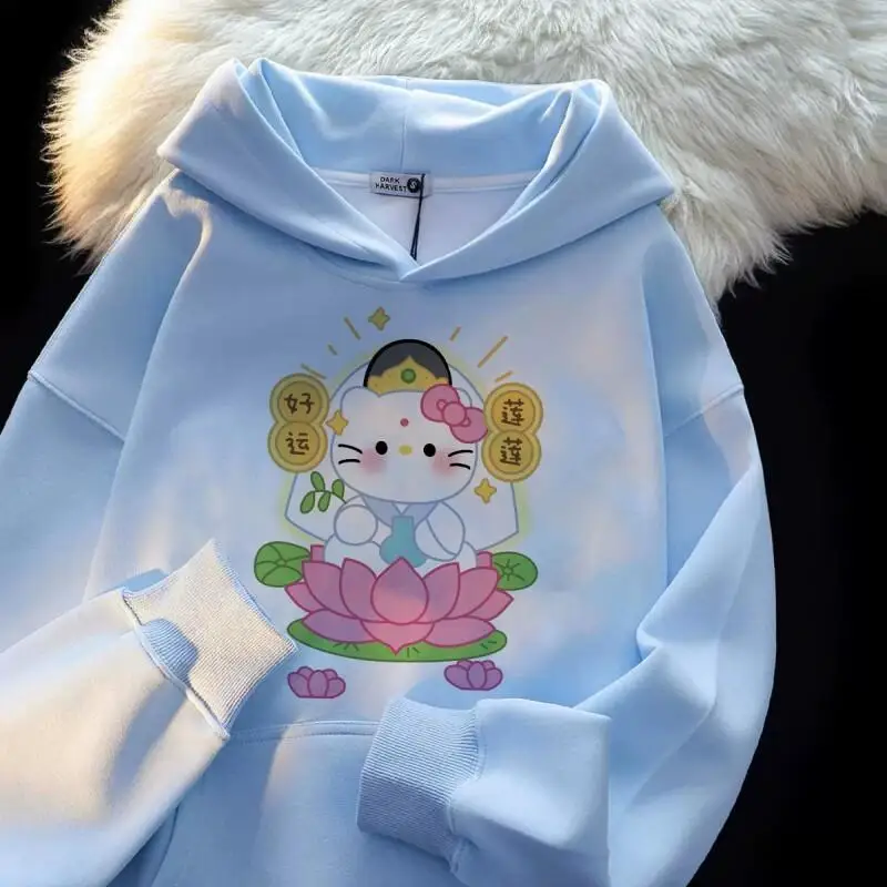 

Женская толстовка Sanrio Hello Kitty, пуловер, топы из мягкого флиса для осенне-зимнего сезона, милый дизайн с мультяшным принтом, оверсайз дизайн