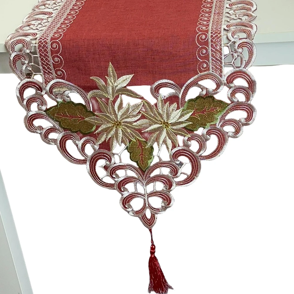 Embroidered Christmas Table Scarf with Hollow Edge Design and Hanging Tassel for Holiday Dining Table Decoration