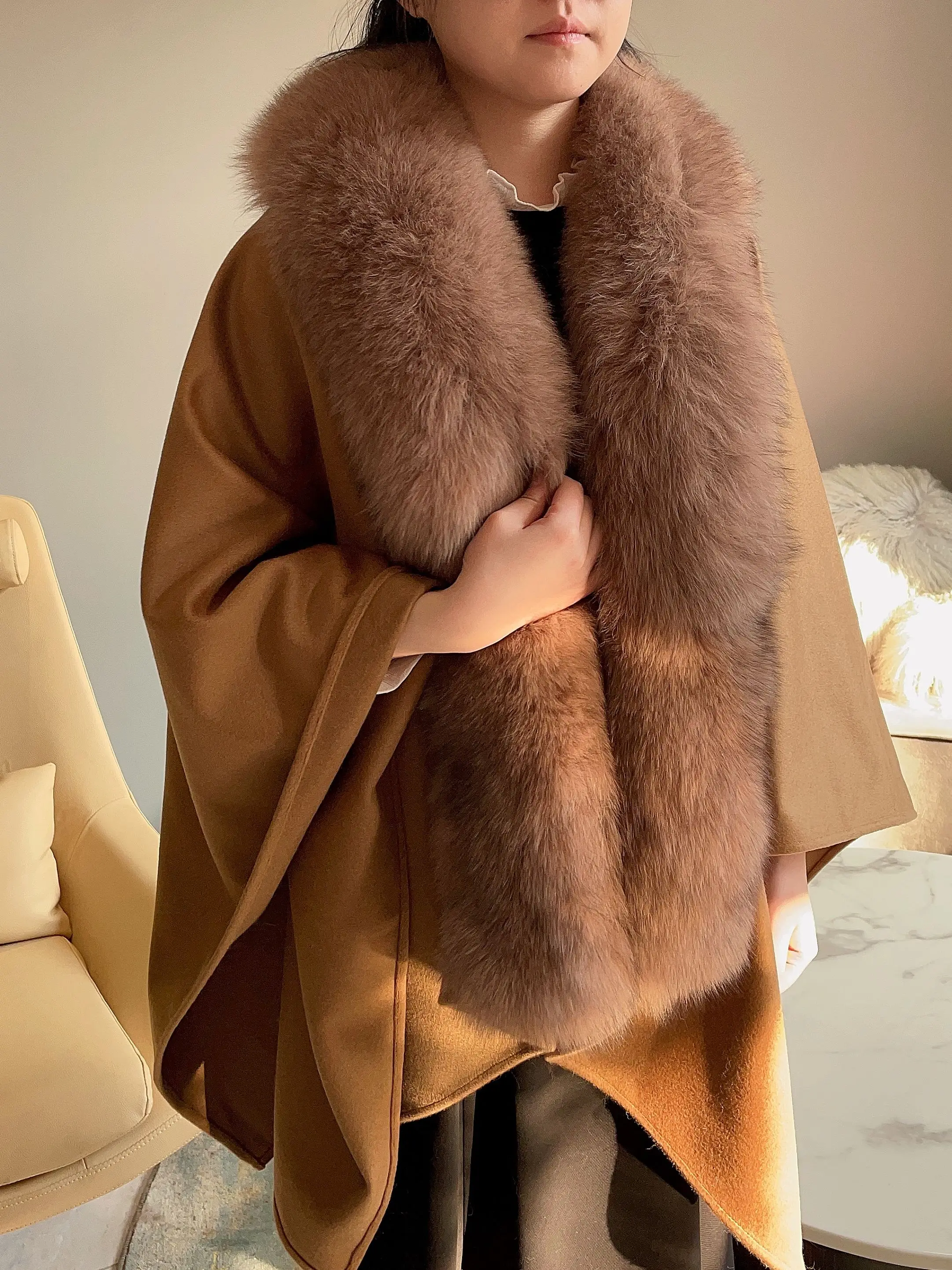 

MISSJANEFUR Cashmere Poncho Shawl Women 2023 New Luxury Real Fox Fur Collar Cape Cloak Elegant Winter Coat