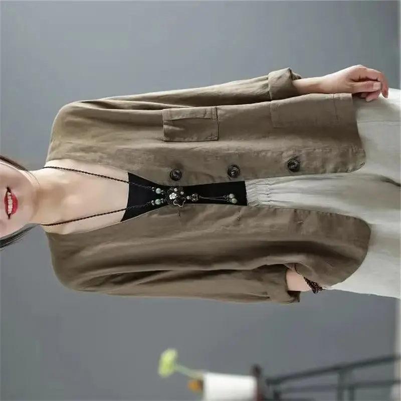 

Лето и льняное пальто из хлопка и льна, тонкая модная женская куртка, короткая однобортная повседневная верхняя одежда с v-образным вырезом, женские топы, новинка 2023 года