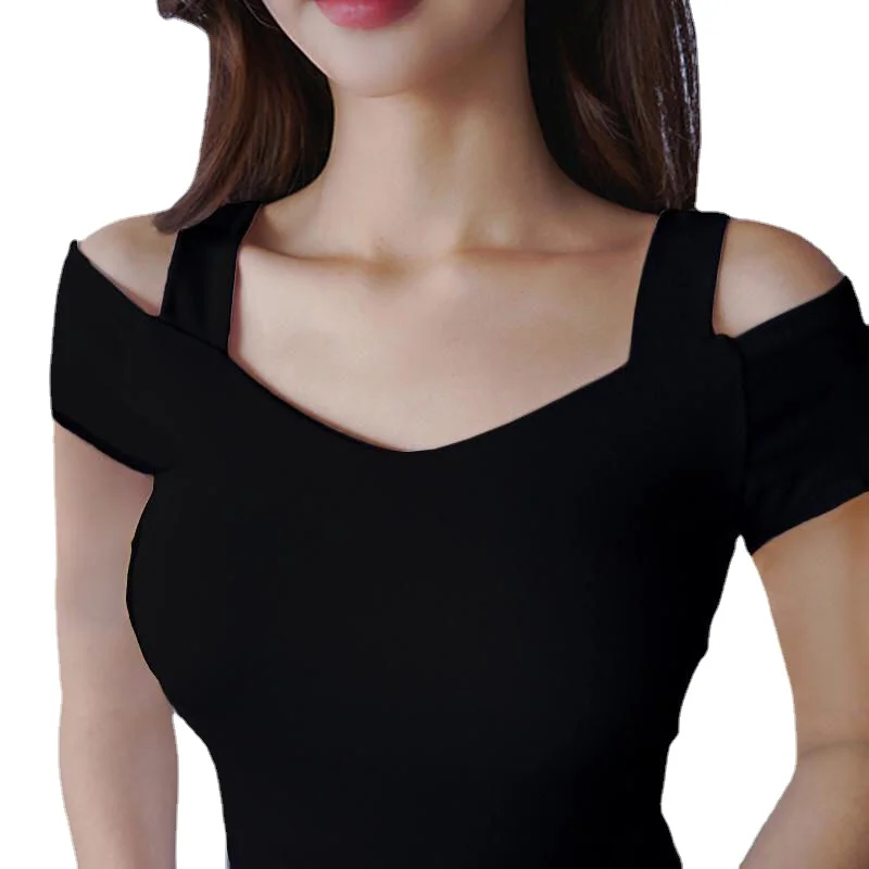 

2024 V-neck T Shirt Women Korean Clothes Tee Training Shirt Sexy Sling Female Tshirt Off Shoulder Top Summer New Tops For Women