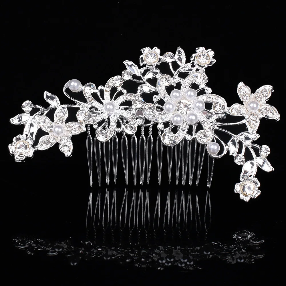 New Fashion Silver Plated Rhinestone Pearl Hair Comb Girls Bridal Headdress Wedding Birthday Handmade Hair Accessories