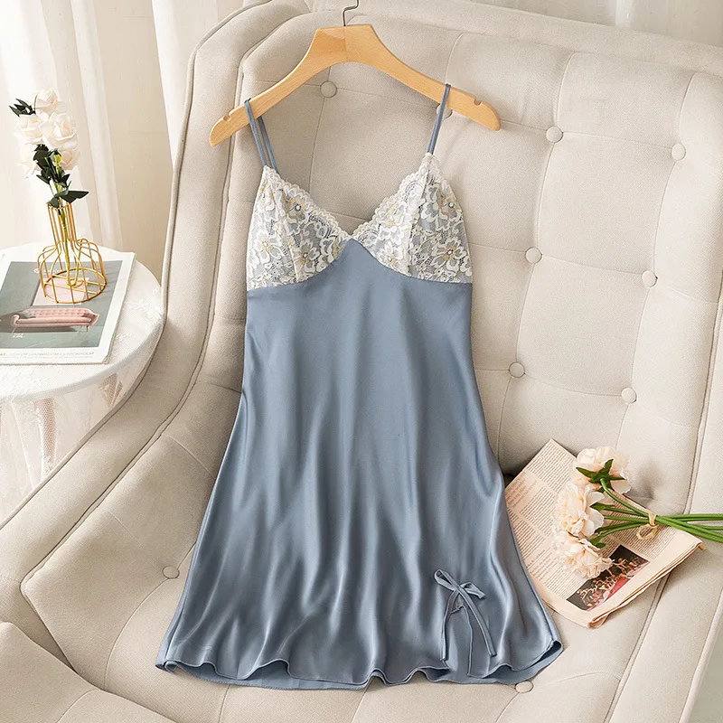 Sleepwear Women Nightdress Nightwear Satin Sleep Dress Lace Patchwork Spaghetti Stap Nightgown Sexy Intimate Lingerie Homewear