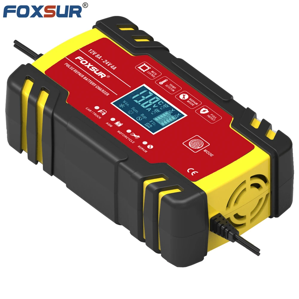 

FOXSUR 12V 24V 8A Pulse Repair Charger with LCD Display, Motorcycle & Car Battery Charger, Slow and Fast Battery Charger