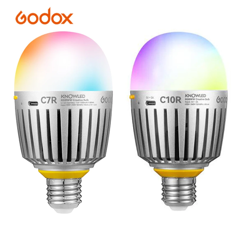 Godox RGB Light C7R C10R RGB Creative Bulb for Video Shooting with Battery Bluetooth App Control CCT 2000K-10000K Studio Lamp