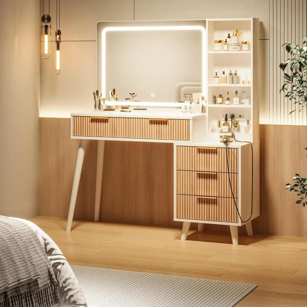 مكتب زينة بزاوية 44 بوصة مع مرآة وأضواء، مكتب زينة للمكياج مع مخرج طاقة، مكتب مكياج مع 5 أدراج وأرفف تخزين، زينة #3