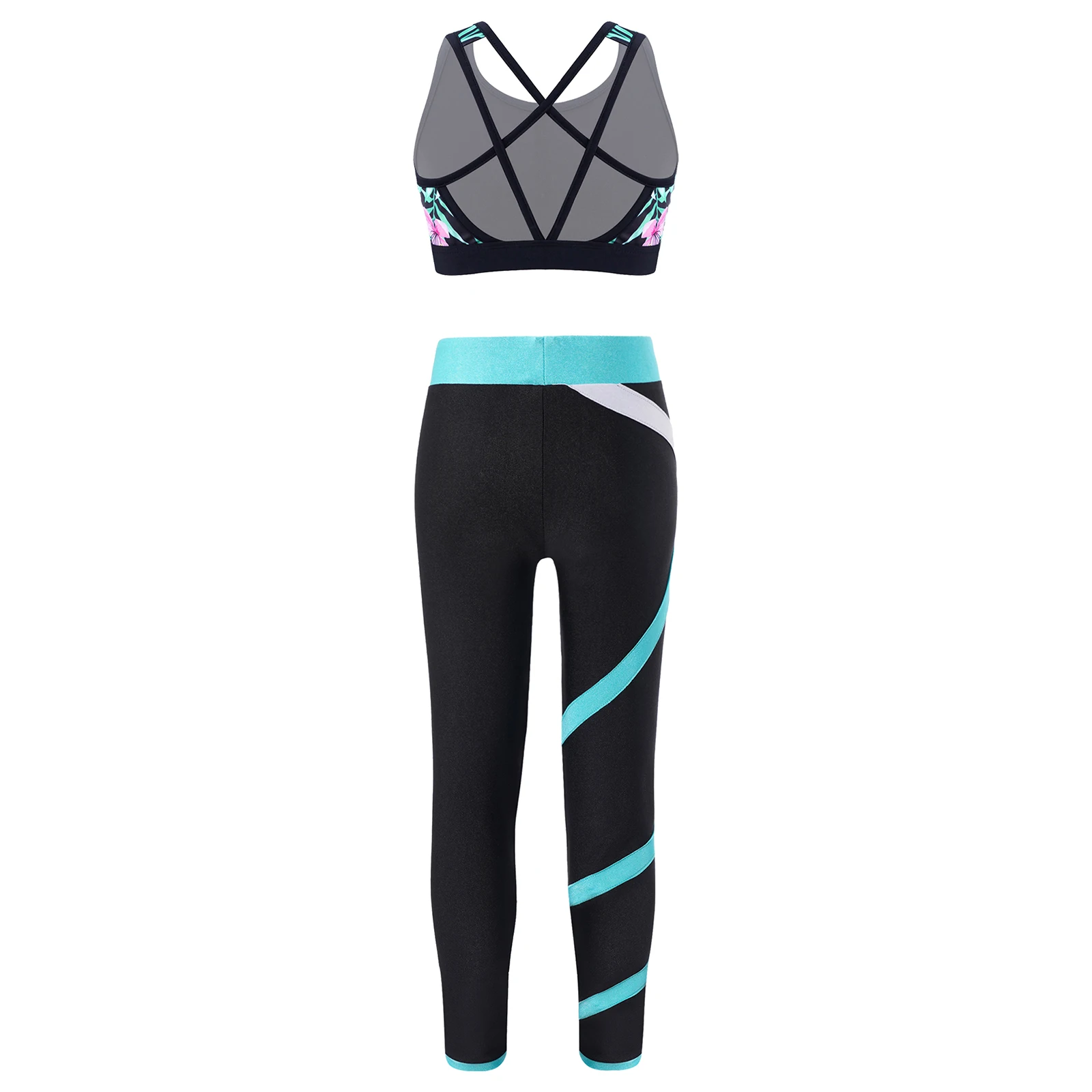 Kids Girls Gym Workout Tracksuit Sleeveless Sports Sets Two Pieces 12 16 14y Children Sportswear Printed Crop Top with Leggings