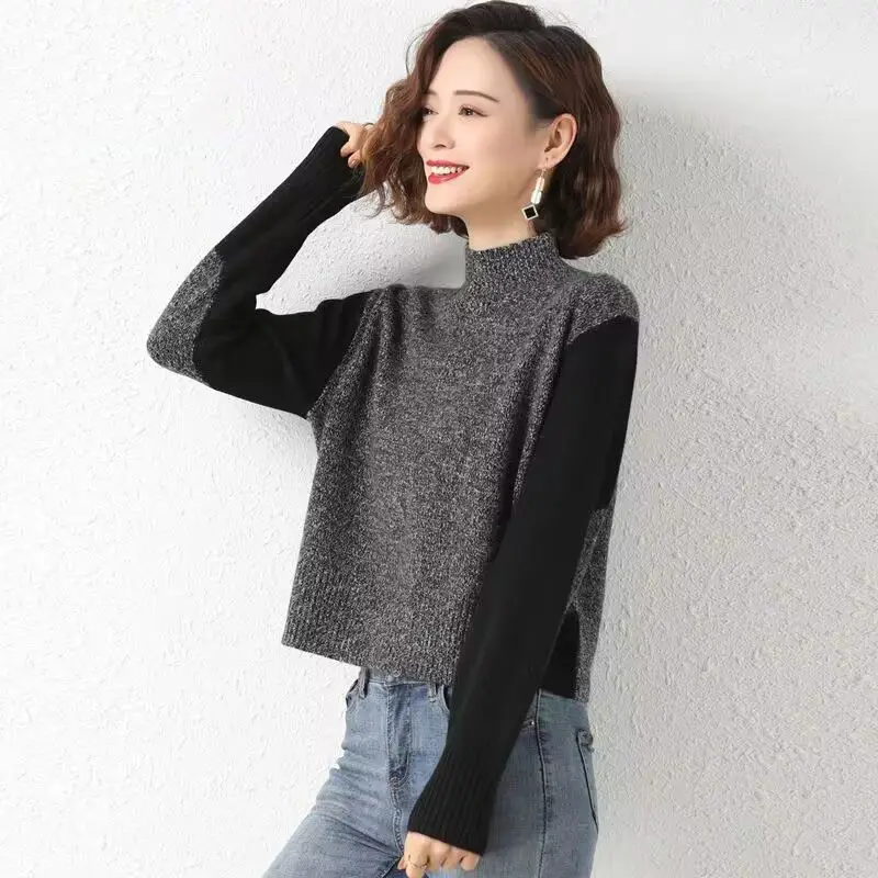 

Fashion Casual Autumn Winner Short Sweaters Women Turtleneck Contrast Color Patchwork Long Sleeve Loose Pullovers Knitted Tops