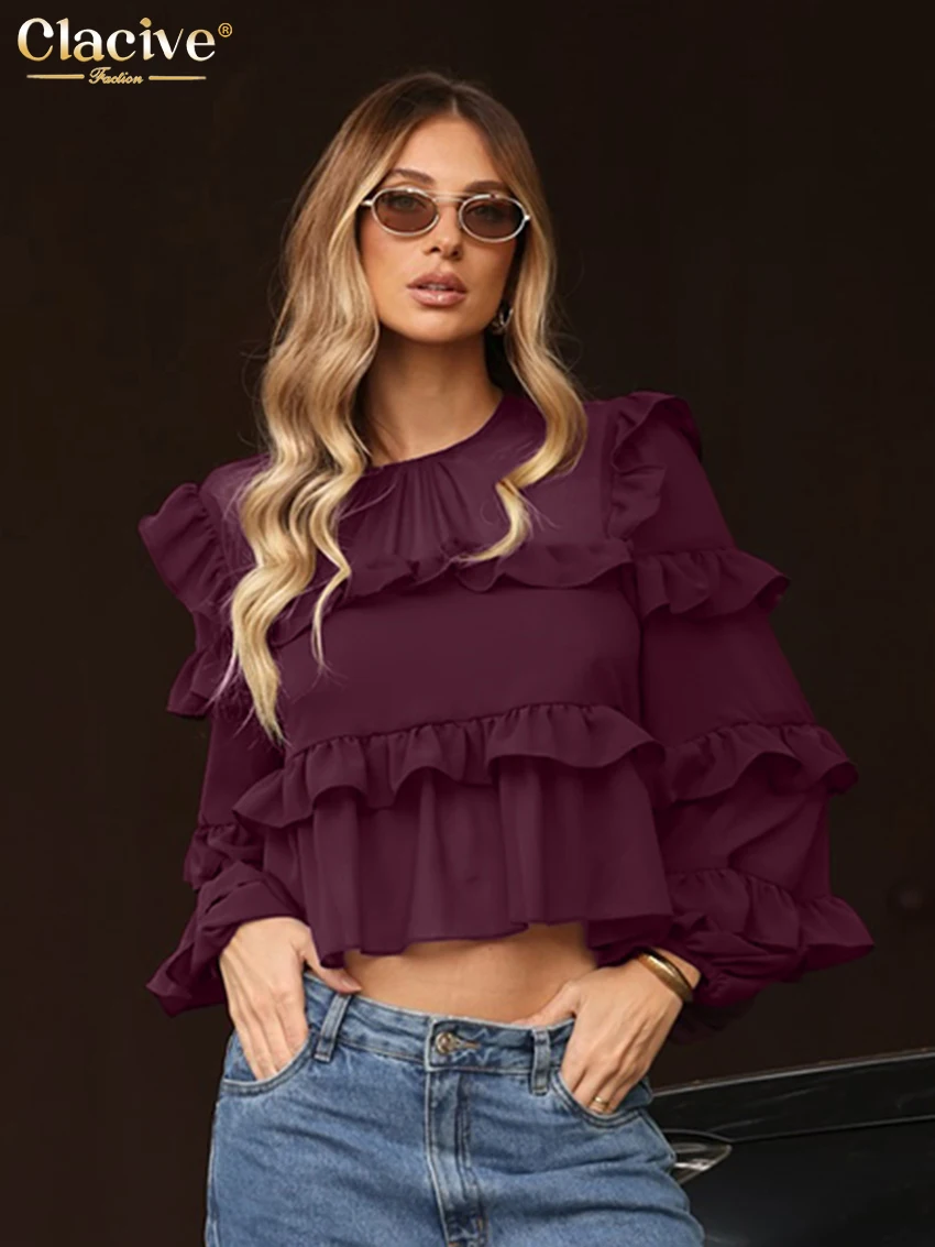 

Clacive Casual Loose Purple Women's Shirt 2025 Fashion O-Neck Long Sleeve Shirts Elegant Classic Ruffle Tops Female Clothing