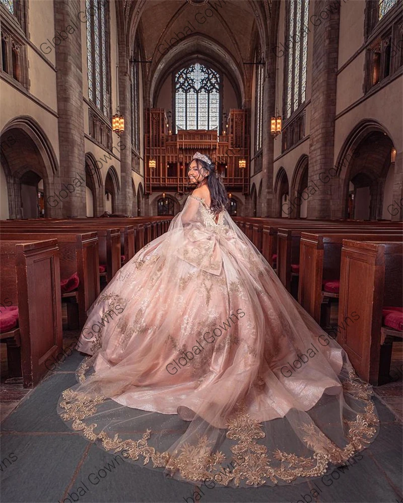 Vestidos Quinceanera frisados rosa com capa, Apliques arco, vestido de baile de aniversário, doce 16, 15, 2023