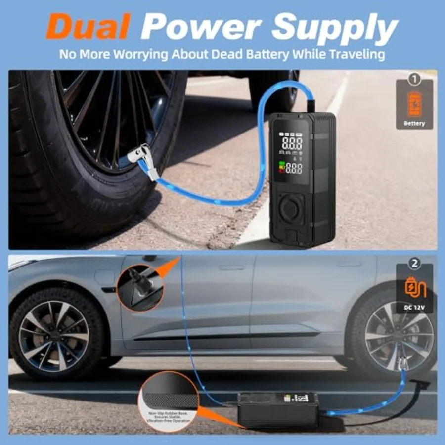 P10 Tire Inflator Portable Air Compressor with 33s Fast Inflation 20 Hose 150PSI Cordless Pump Featuring Dual Power Supply Digi