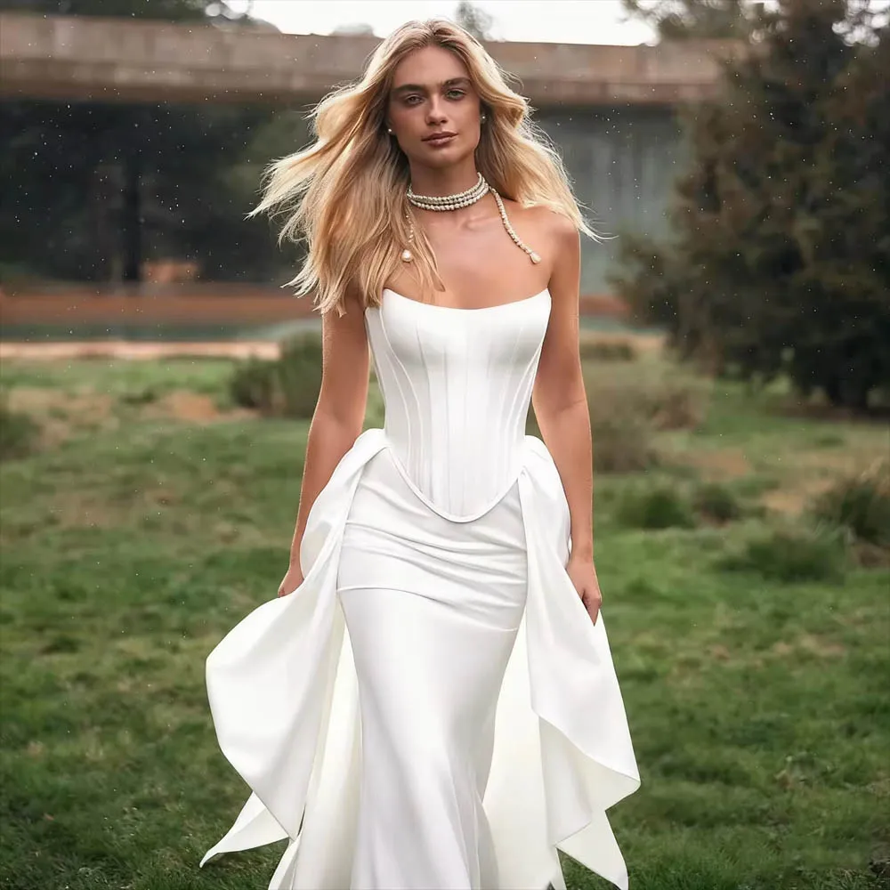 Customized Arrival Strapless Wedding Dress For Woman Bride Boat Neckline Mermaid Satin Back Floor Length Sweep Train Bridal Gown