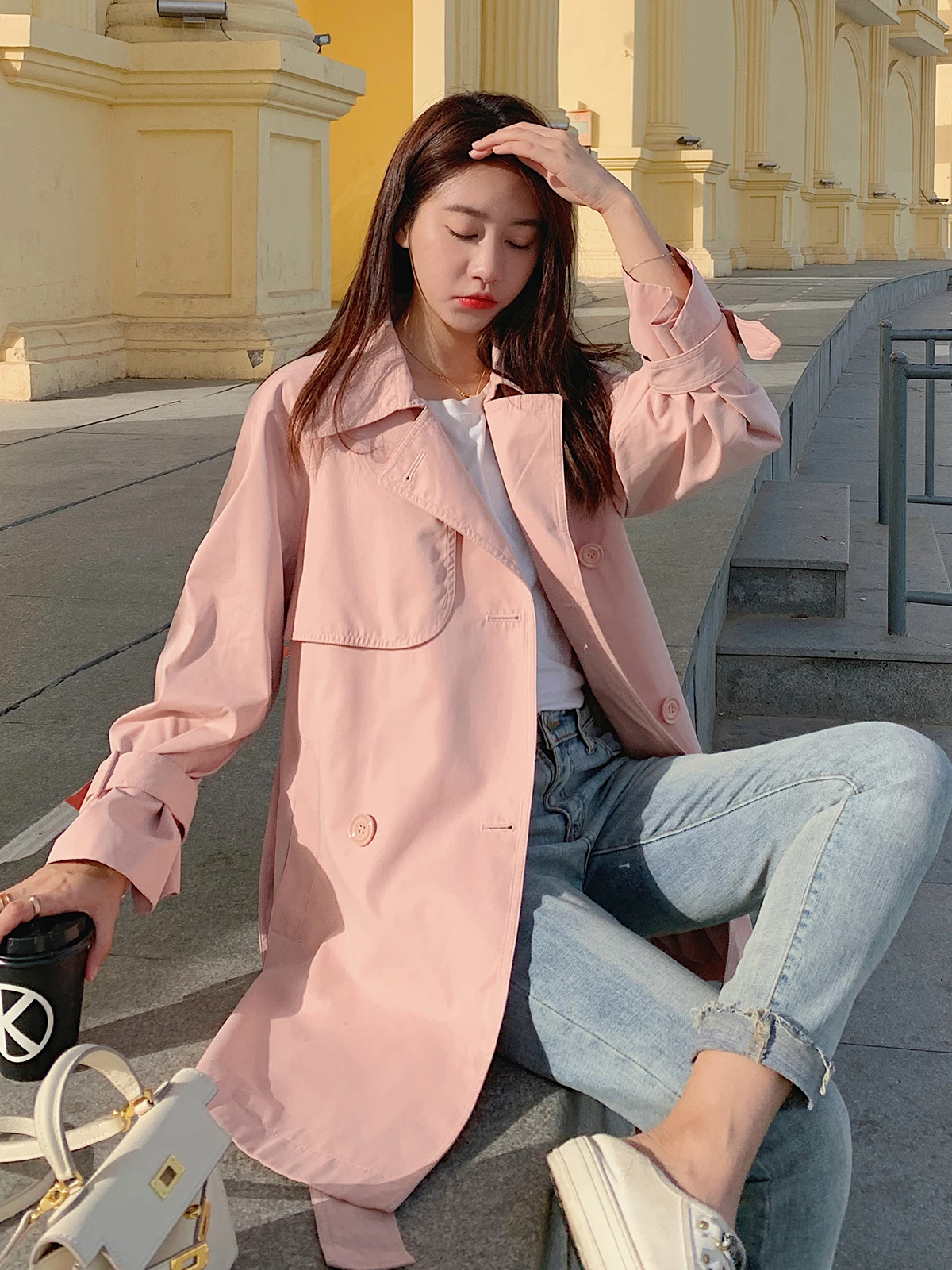 

Pink ort Coat Jaet Women's Spring Autumn Casual Korean Sle Slimming Commute Straight Cut Long Sve Button up Coat